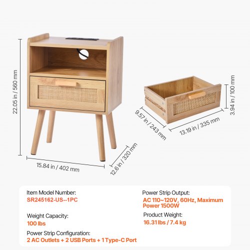 Rattan Nightstand Boho Bedside Table with Drawer Open Shelf Rattan End