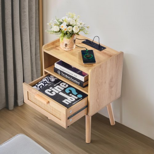 Rattan Nightstand Boho Bedside Table with Drawer Open Shelf Rattan End