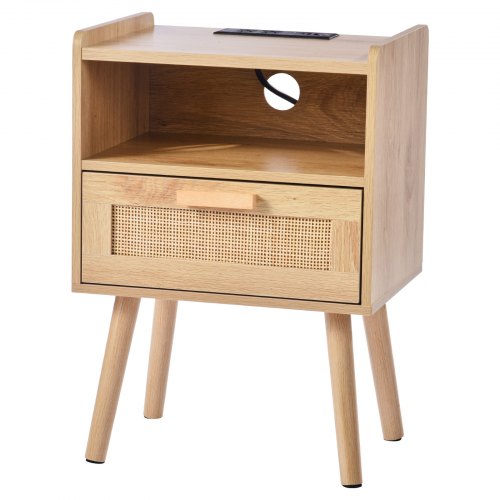 Rattan Nightstand Boho Bedside Table with Drawer Open Shelf Rattan End