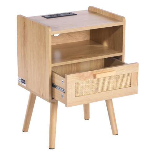 Rattan Nightstand Boho Bedside Table with Drawer Open Shelf Rattan End