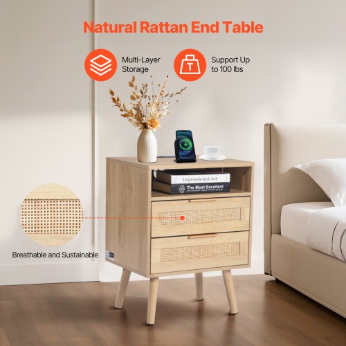 Rattan Nightstand Boho Bedside Table with Open Shelf 2 Drawers Rattan End