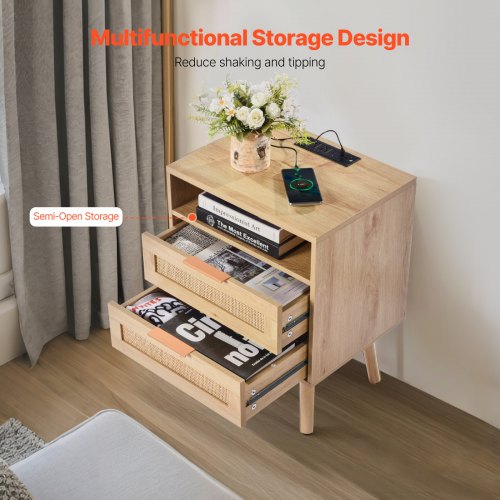 Rattan Nightstand Boho Bedside Table with Open Shelf 2 Drawers Rattan End