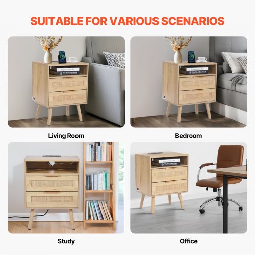 Rattan Nightstand Boho Bedside Table with Open Shelf 2 Drawers Rattan End