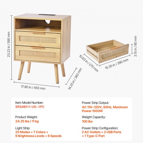 Rattan Nightstand Boho Bedside Table with Open Shelf 2 Drawers Rattan End