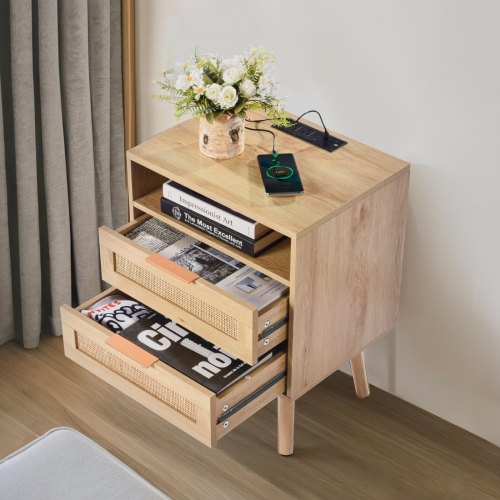 Rattan Nightstand Boho Bedside Table with Open Shelf 2 Drawers Rattan End