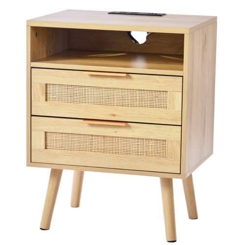 Rattan Nightstand Boho Bedside Table with Open Shelf 2 Drawers Rattan End