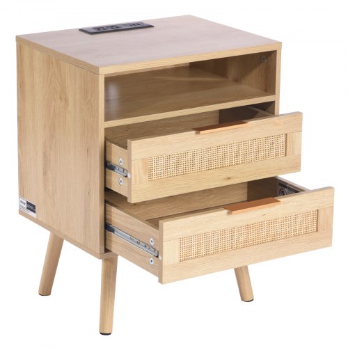 Rattan Nightstand Boho Bedside Table with Open Shelf 2 Drawers Rattan End