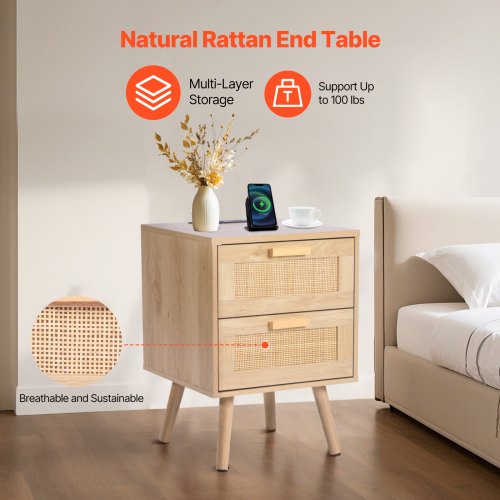 Rattan Nightstand Boho Bedside Table with 2 Drawers Rattan End Table