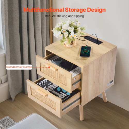 Rattan Nightstand Boho Bedside Table with 2 Drawers Rattan End Table