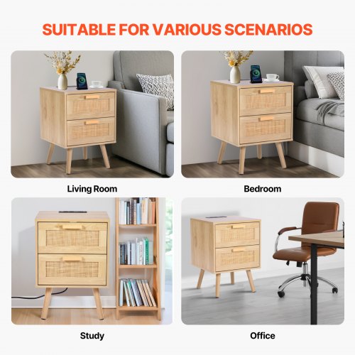 Rattan Nightstand Boho Bedside Table with 2 Drawers Rattan End Table