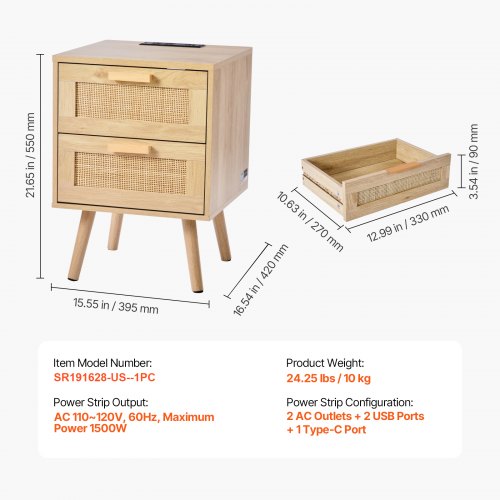 Rattan Nightstand Boho Bedside Table with 2 Drawers Rattan End Table