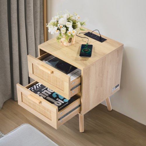 Rattan Nightstand Boho Bedside Table with 2 Drawers Rattan End Table