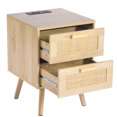 Rattan Nightstand Boho Bedside Table with 2 Drawers Rattan End Table