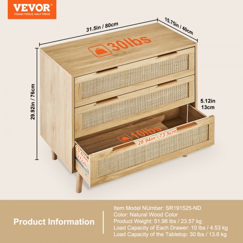 3 Drawer Rattan Dresser Natural Rattan Closet Dresser with 3 Drawers