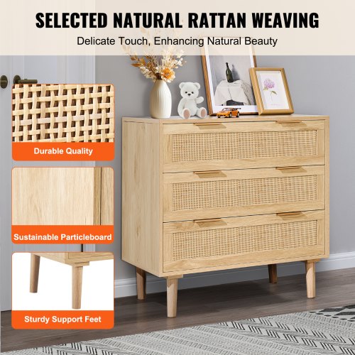 3 Drawer Rattan Dresser Natural Rattan Closet Dresser with 3 Drawers