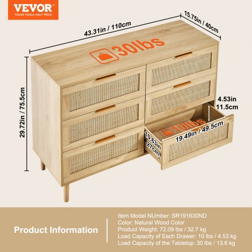 6 Drawer Rattan Dresser Boho Dresser Rattan Chest of Drawers with Spacious