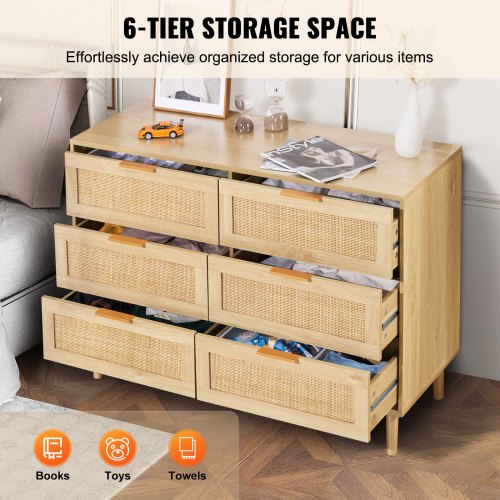 6 Drawer Rattan Dresser Boho Dresser Rattan Chest of Drawers with Spacious
