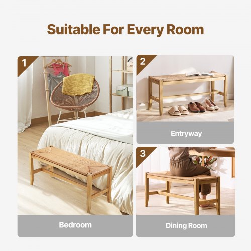 Rattan Bench Wooden Bench 40 Inches for Entryway Living Room Bedroom