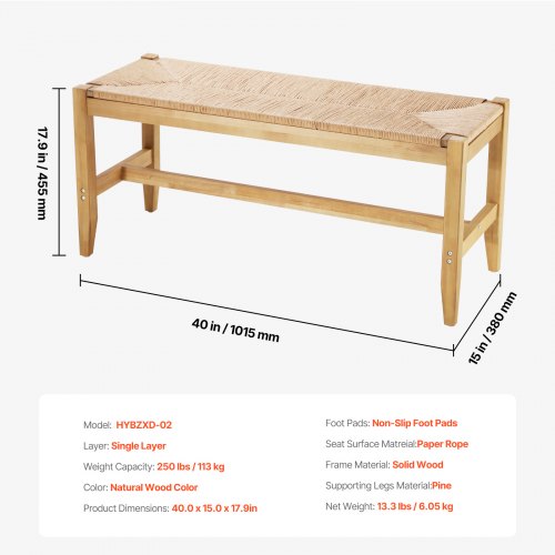 Rattan Bench Wooden Bench 40 Inches for Entryway Living Room Bedroom
