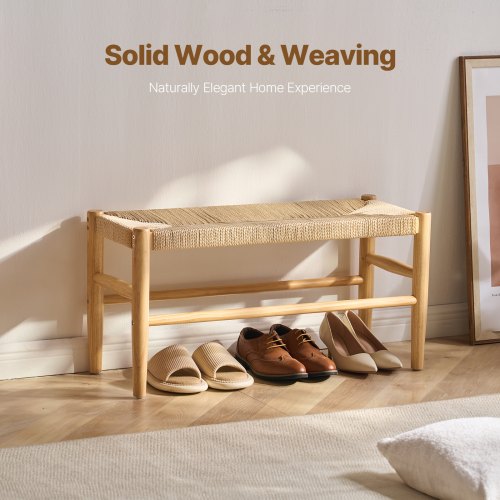 Rattan Bench Wooden Bench 31.5 Inches for Entryway Living Room Bedroom