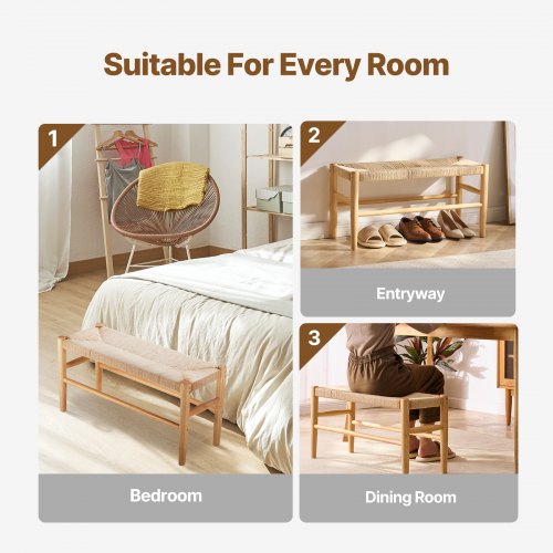 Rattan Bench Wooden Bench 31.5 Inches for Entryway Living Room Bedroom