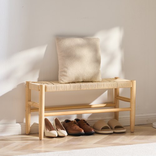 Rattan Bench Wooden Bench 31.5 Inches for Entryway Living Room Bedroom