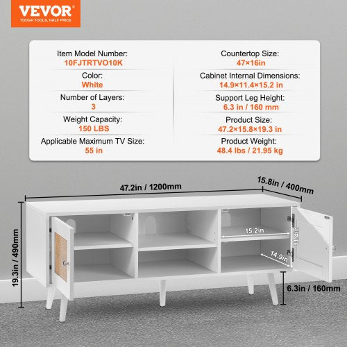 Rattan TV Stand Boho TV Cabinet for 55 inch TV Mid Century Modern TV