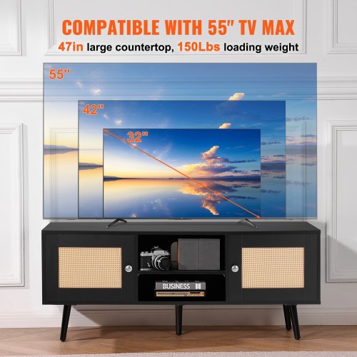 Rattan TV Stand Boho TV Cabinet for 55 inch TV Mid Century Modern TV