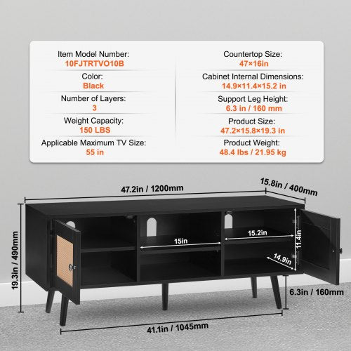 Rattan TV Stand Boho TV Cabinet for 55 inch TV Mid Century Modern TV