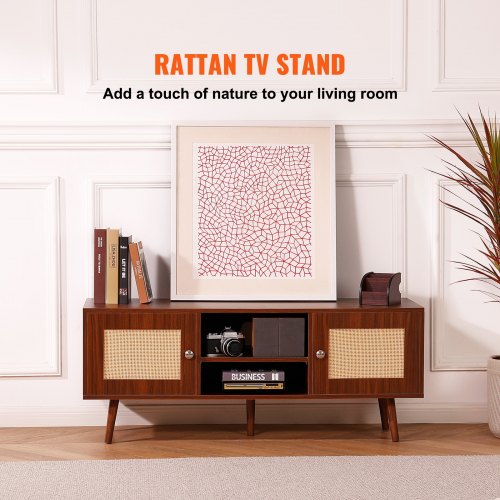 Rattan TV Stand Boho TV Cabinet for 55 inch TV Mid Century Modern TV