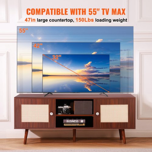 Rattan TV Stand Boho TV Cabinet for 55 inch TV Mid Century Modern TV