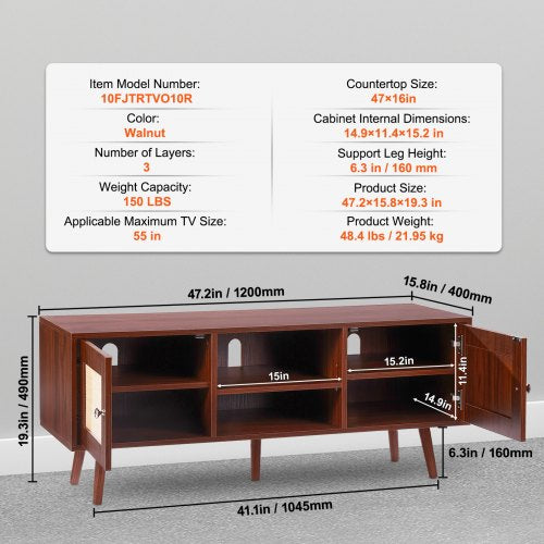 Rattan TV Stand Boho TV Cabinet for 55 inch TV Mid Century Modern TV