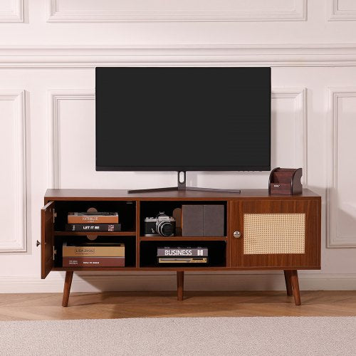 Rattan TV Stand Boho TV Cabinet for 55 inch TV Mid Century Modern TV