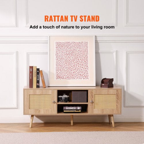 Rattan TV Stand Boho TV Cabinet for 55 inch TV Mid Century Modern TV
