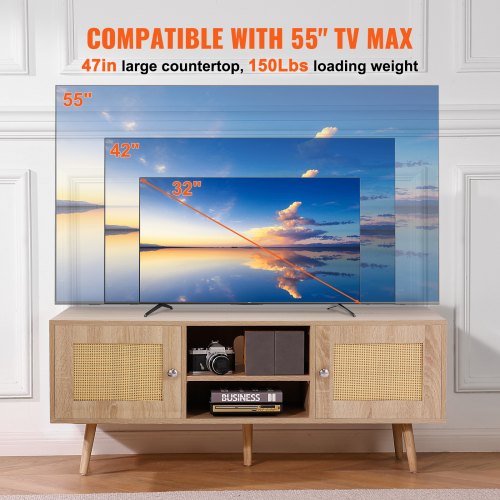 Rattan TV Stand Boho TV Cabinet for 55 inch TV Mid Century Modern TV