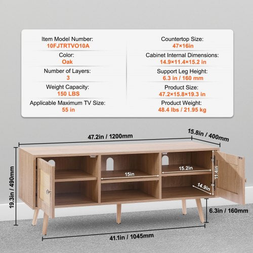 Rattan TV Stand Boho TV Cabinet for 55 inch TV Mid Century Modern TV