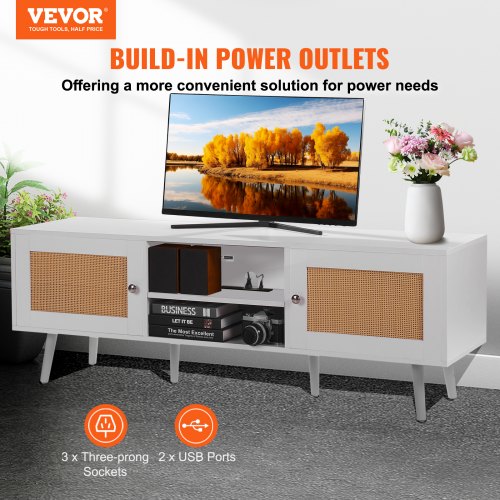Rattan TV Stand for 65 inch TV Boho TV Stand with Rattan Door
