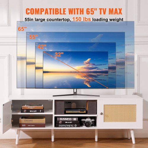 Rattan TV Stand for 65 inch TV Boho TV Stand with Rattan Door