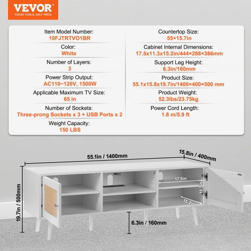 Rattan TV Stand for 65 inch TV Boho TV Stand with Rattan Door