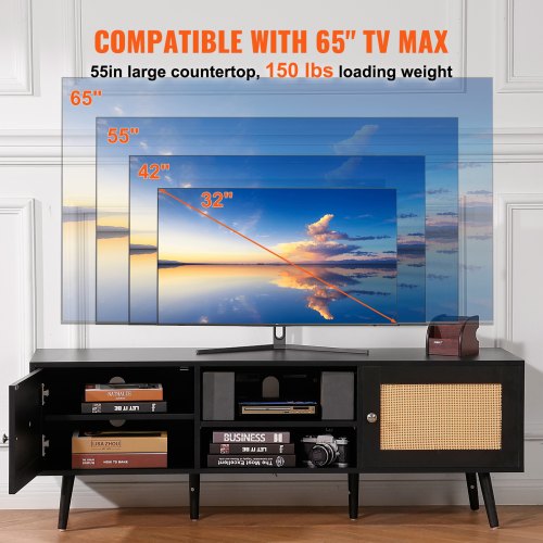 Rattan TV Stand for 65 inch TV Boho TV Stand with Rattan Door
