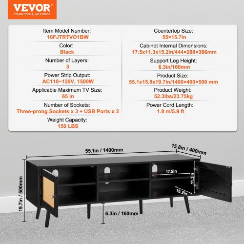 Rattan TV Stand for 65 inch TV Boho TV Stand with Rattan Door