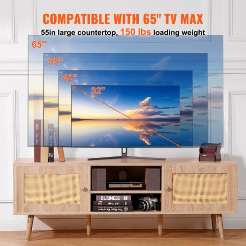 Rattan TV Stand Mid Century Modern TV Stand for 65 inch TV Boho Rattan TV