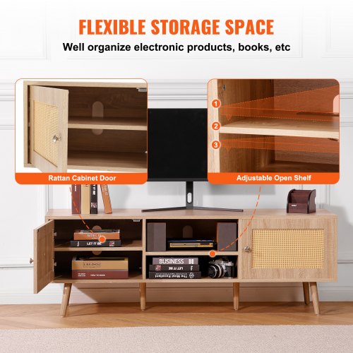 Rattan TV Stand Mid Century Modern TV Stand for 65 inch TV Boho Rattan TV
