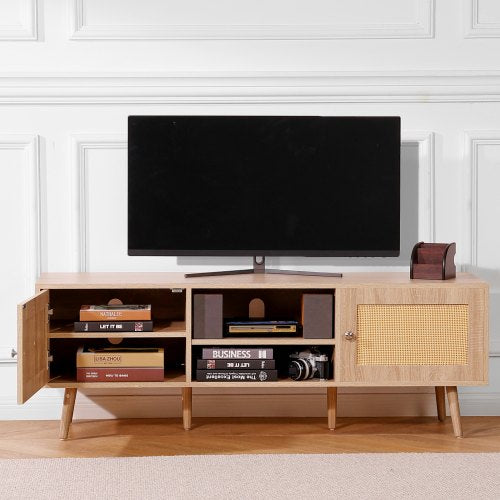 Rattan TV Stand Mid Century Modern TV Stand for 65 inch TV Boho Rattan TV
