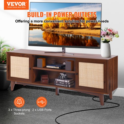 Rattan TV Stand for 75in TV Boho TV Stand with Rattan Door Entertainment