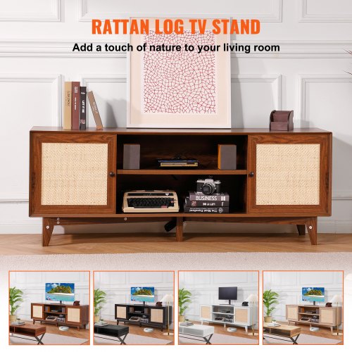 Rattan TV Stand for 75in TV Boho TV Stand with Rattan Door Entertainment