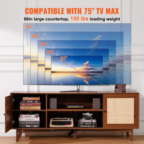 Rattan TV Stand for 75in TV Boho TV Stand with Rattan Door Entertainment