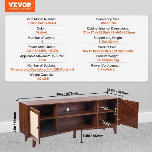 Rattan TV Stand for 75in TV Boho TV Stand with Rattan Door Entertainment