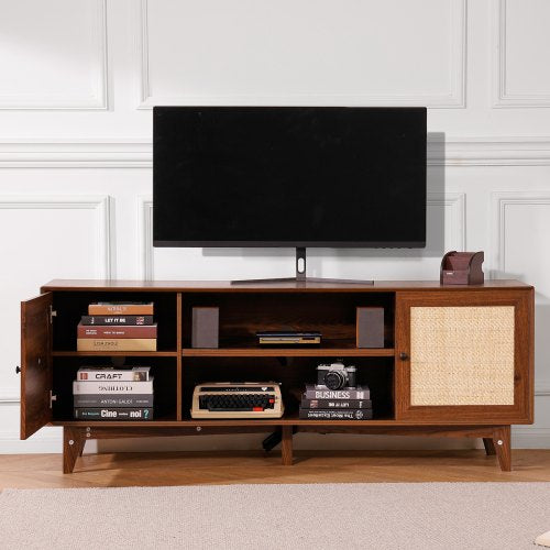 Rattan TV Stand for 75in TV Boho TV Stand with Rattan Door Entertainment