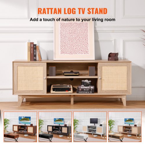 Rattan TV Stand Mid Century Modern TV Stand for 75 inch TV Boho Rattan TV